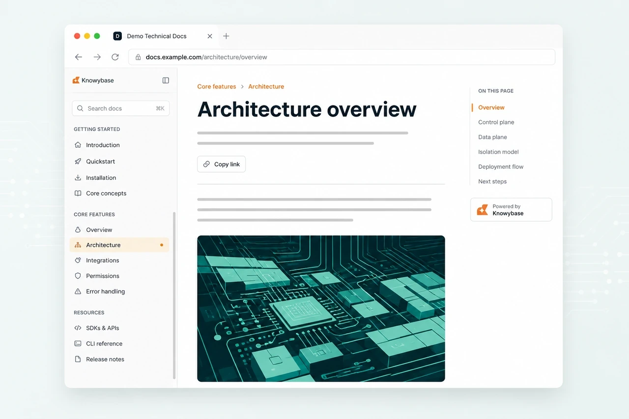 Illustrated preview of the technical Knowybase documentation demo